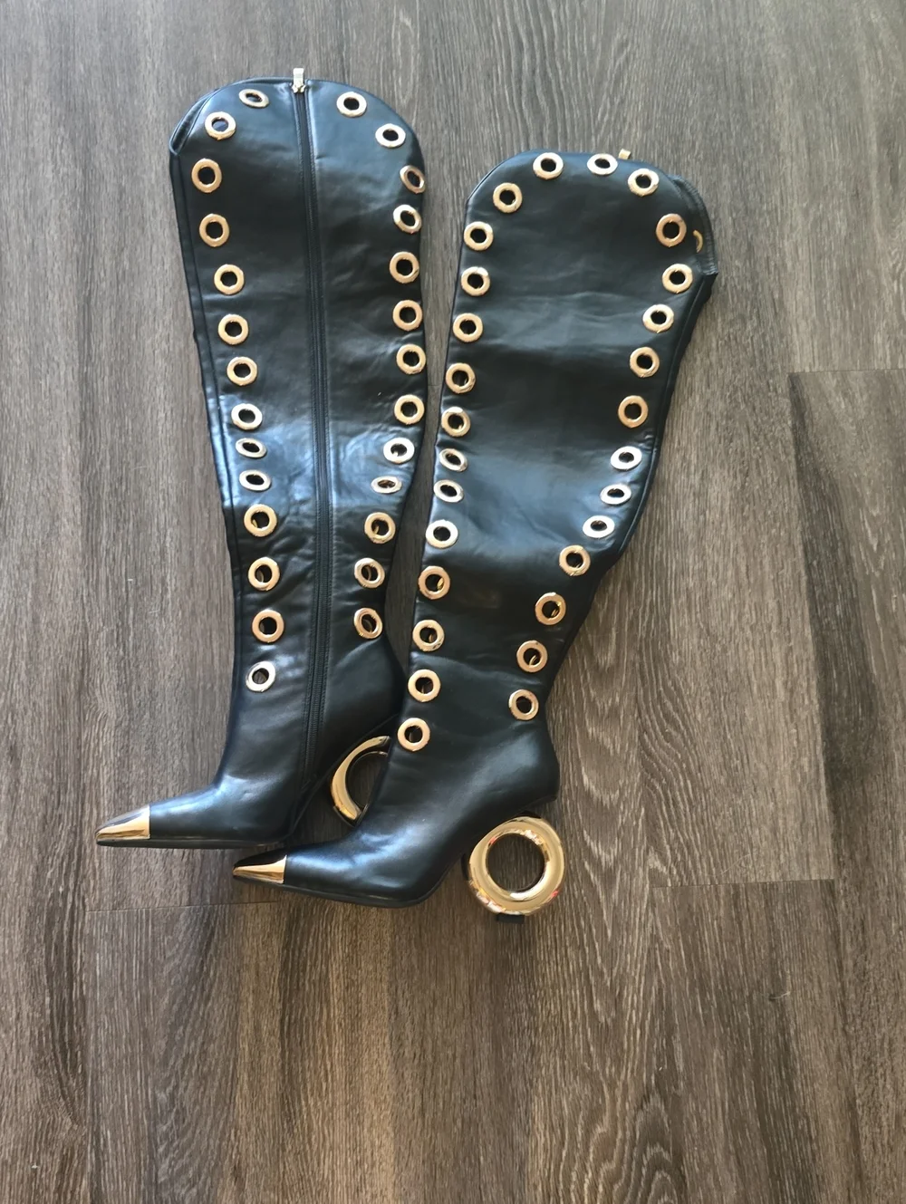 Black Leather Knee-High Boots with Gold Eyelet Detailing